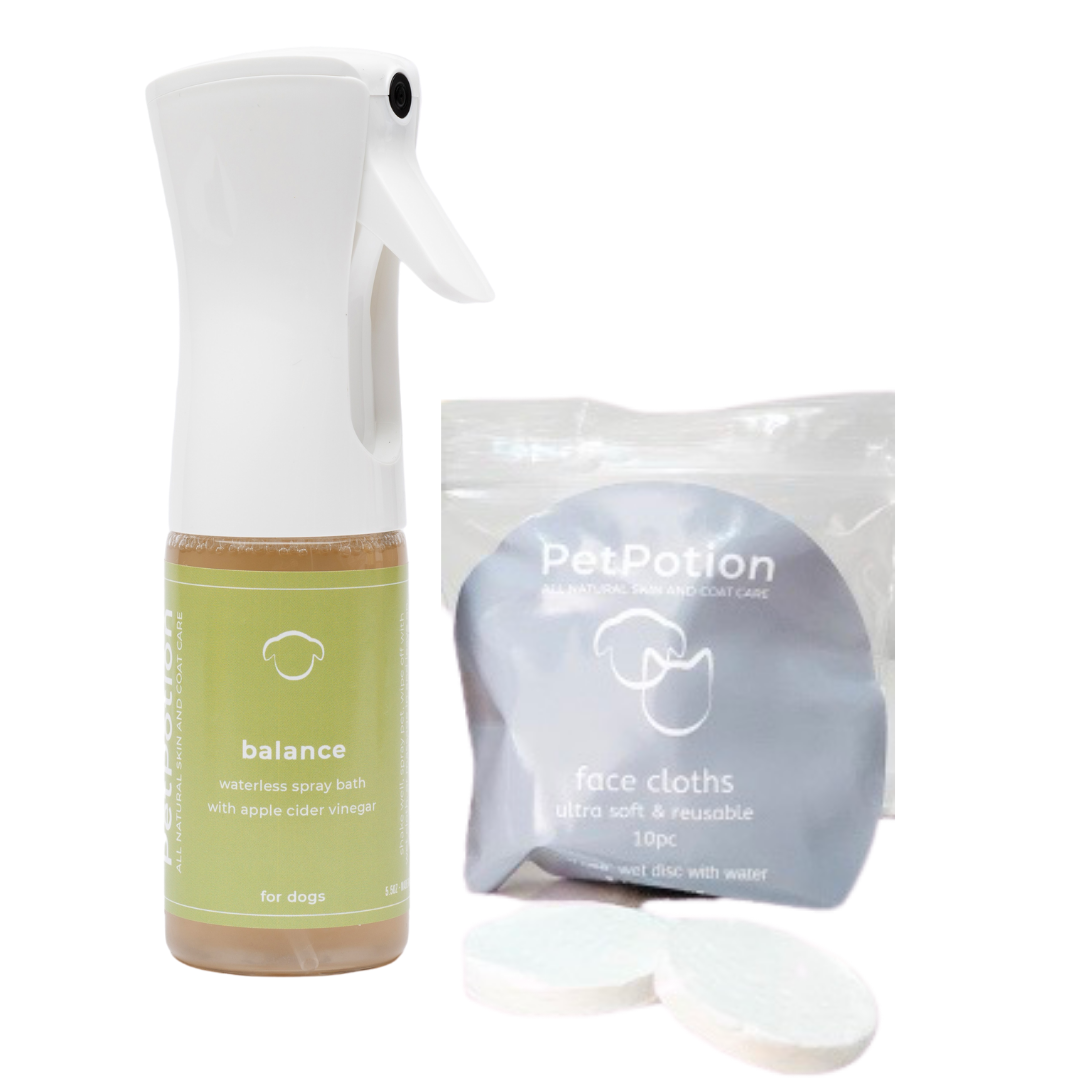 PetPotion Balance Wash n' Go 5.5oz Bundle comes with a 5.5oz spray and 10 reusable super soft towelettes. Pawfect for on the go freshening and clean ups!